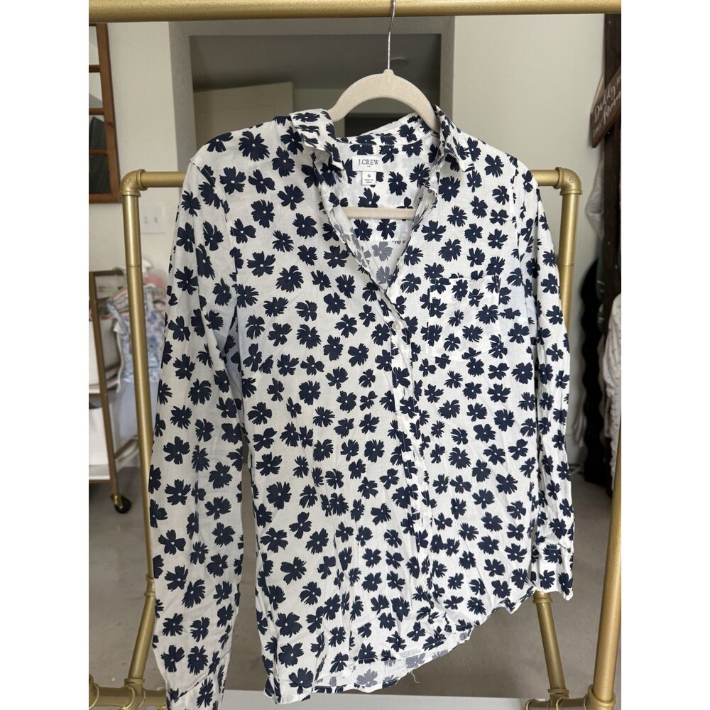 J.Crew White Navy Floral Print Button Front Shirt Small Casual Cottagecore Top